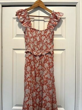 MINE Rust-Orange and White Smocked Floral Maxi Dress Feminine Lightweight M